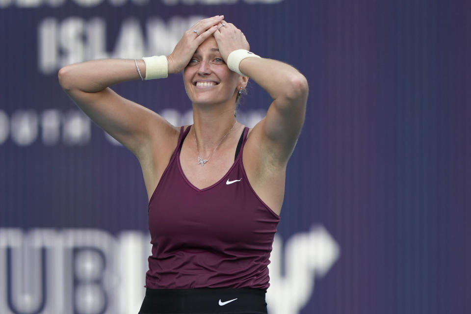 Petra Kvitova, of the Czech Republic, reacts after beating Elena Rybakina, of Kazakhstan, during the women's singles finals of the Miami Open tennis tournament, Saturday, April 1, 2023, in Miami Gardens, Fla. (AP Photo/Wilfredo Lee)