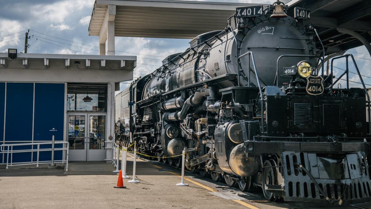 <div>HOUSTON, TEXAS - AUGUST 17: The front of the Big Boy No. 4014 locomotive is shown on August 17, 2021 in Houston, Texas. The Big Boy No. 4014 locomotive arrived in Houston during an upper Midwest tour in commemoration of the Union Pacifics 150th anniversary. Big Boy No. 4014 retired in December 1961 after traveling 1,031,205 miles in its 20 years of service. No. 4014 is the last remaining operating Big Boy of the limited number still in existence. (Photo by Brandon Bell/Getty Images)</div>