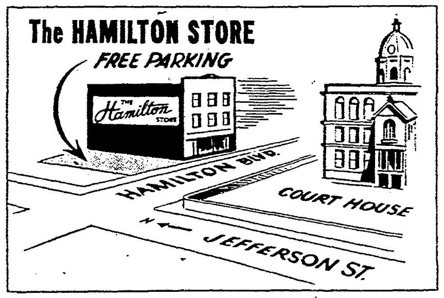 Detail from a 1958 Journal Star ad for the Hamilton Store, after the demolition of the Crown Hotel. The old Peoria County Courthouse is seen across Hamilton Boulevard.