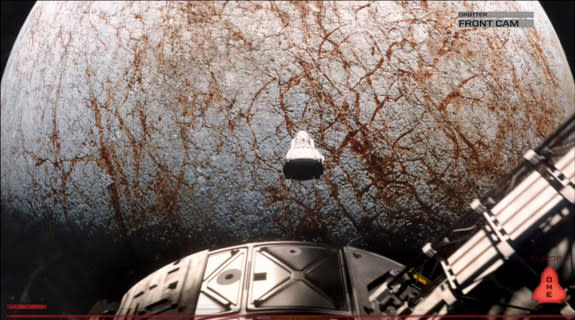 A spaceship floats in space in this still from the 2013 science fiction film ‘Europa Report.’