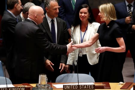 U.S. Ambassador to the United Nations Kelly Craft greets Russian Ambassador to the U.N. Vasily Nebenzya during U.N. Security Council meeting at U.N. headquarters in New York