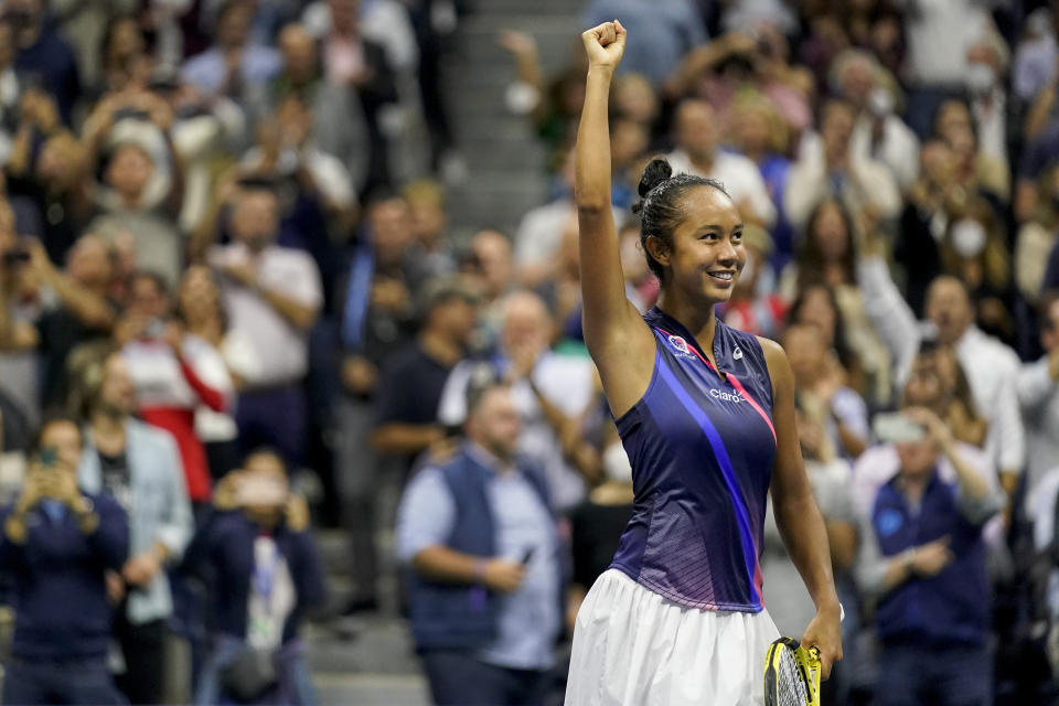 Leylah Fernandez, of Canada, reacts after defeating Aryna Sabalenka,of Belarus, during the semifinals of the US Open tennis championships, Thursday, Sept. 9, 2021, in New York. (AP Photo/Seth Wenig)