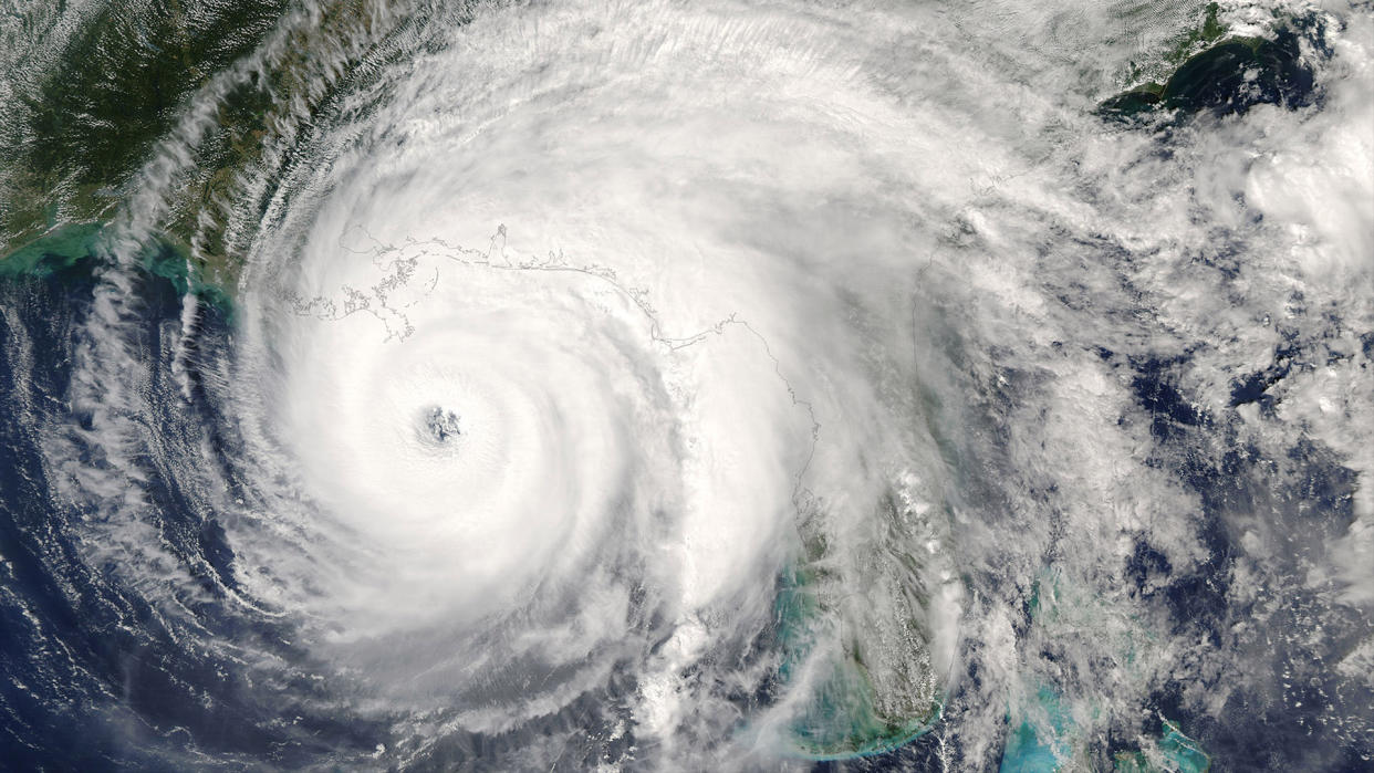  Category 5 super typhoon from outer space view. The eye of the hurricane. Some elements of this image furnished by NASA. 