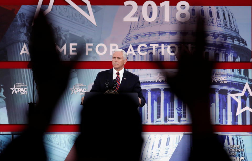 <p>U.S. Vice President Mike Pence is applauded as he speaks at the Conservative Political Action Conference (CPAC) at National Harbor, Md., Feb. 22, 2018. (Photo: Kevin Lamarque/Reuters) </p>