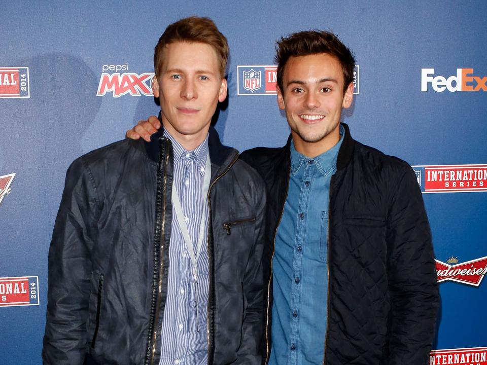 Tom Daley on right and Dustin Lance Black on left early in their relationship on red carpet