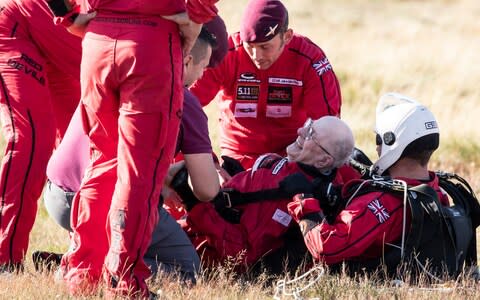 Former paratrooper Sandy Cortmann taking his tandem parachute drop with the Red Devils