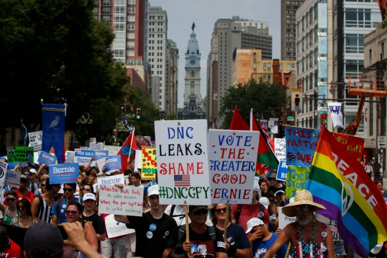 People march protesting the DNC email scandal on July 25, 2016 in Philadelphia, Pennsylvania