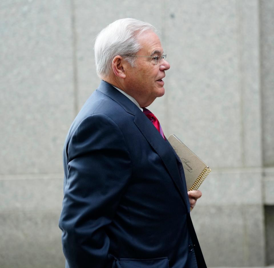 United States Senator, Bob Menendez walks towards the Daniel Patrick Moynihan U.S. Courthouse where he will be on trial for bribery and corruption charges. The jury selection for the trial is expected to start today, Monday, May 13, 2024.