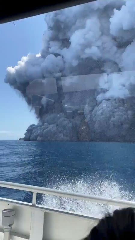 Thick smoke from the volcanic eruption of Whakaari, also known as White Island, is seen from a distance of a vessel in New Zealand