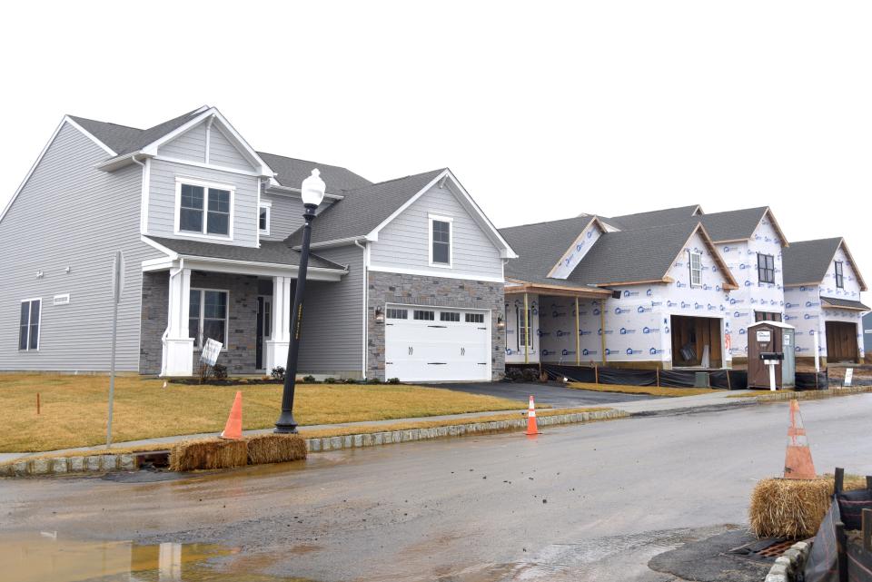 Houses under construction on March 3, 2024 at Manalapan Crossing in Manalapan, New Jersey.
