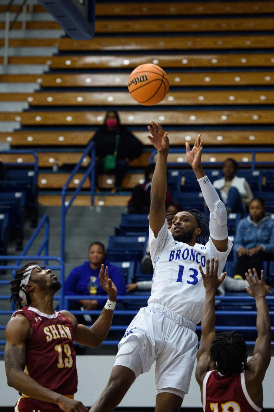 Tyler Foster shoots a 3-pointer during Shaw at Fayetteville State men’s basketball on Wednesday, Dec. 14, 2022.