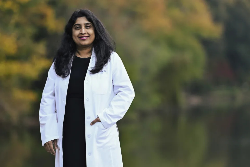 Dr. Padma Gulur, a Duke University pain specialist, stands for a portrait on Friday, Oct. 27, 2023, in Durham, N.C. Prescriptions for ketamine have soared in recent years as doctors adopt the mind-altering drug as an alternative pain treatment. Gulur and other specialists see potential for ketamine as a pain therapy, but warn it also carries risks of safety and abuse. (AP Photo/Matt Kelley)