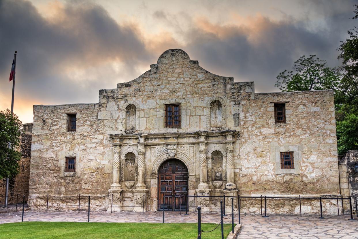 Exterior view of the historic Alamo shortly after sunrise