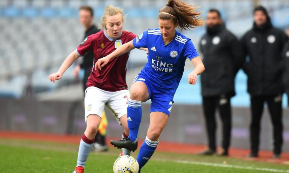 Aston Villa’s Hollie Gibson challenges Leicester’s Ella Franklin-Fraiture at Villa Park.