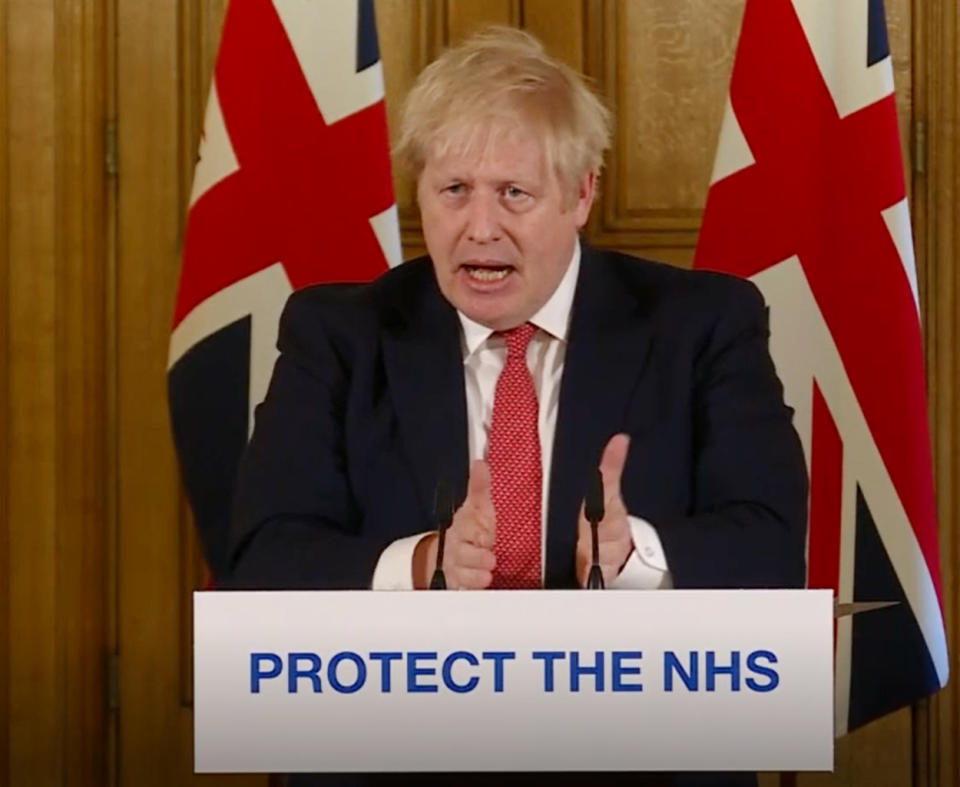 A screen-grab of Prime Minister Boris Johnson speaking at a media briefing in Downing Street, London, on coronavirus (COVID-19). (Photo by PA Video/PA Images via Getty Images)