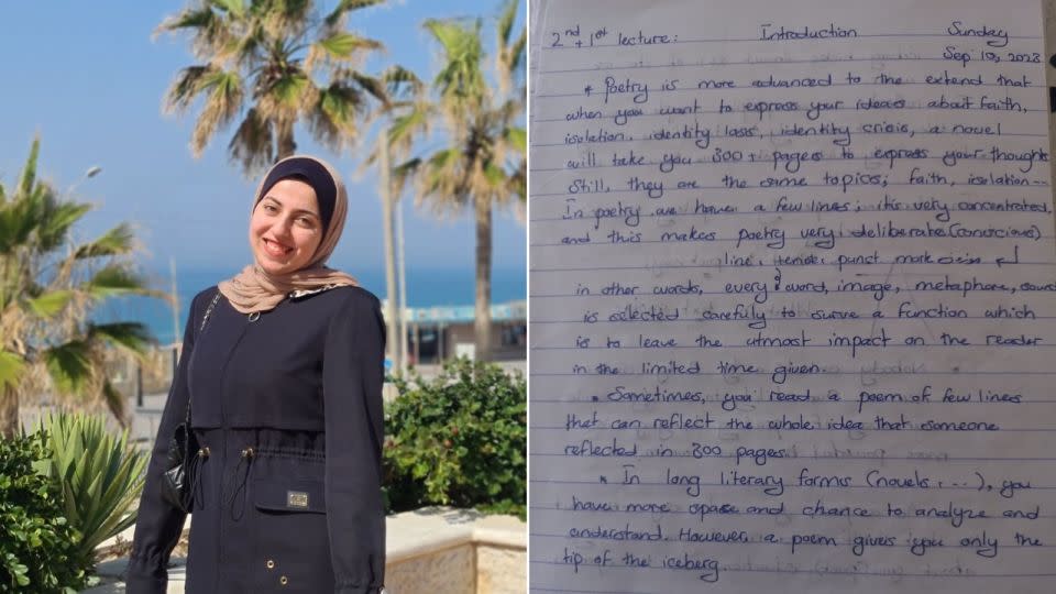 Haya Ismail, an English literature student, aged 20, has kept her university notes in tribute to her late professor, Refaat Alareer, who taught her "the power of words." - Courtesy Haya Ismail