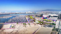 <p>Triathalon and Swimming are shown in this Long Beach Waterfront rendering. (Photo: Courtesy LA 2024) </p>