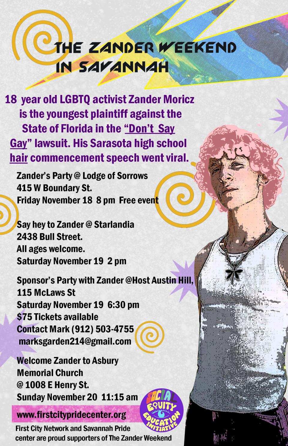 Zander Moricz is the youngest plaintiff against the State of Florida in the "Don't Say Gay" lawsuit. He is hosting a Zander Weekend in Savannah on Nov. 19.