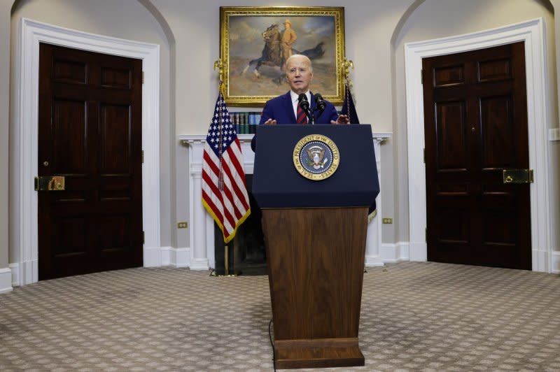 President Joe Biden delivers remarks Tuesday on the collapse of the Francis Scott Key Bridge in Baltimore from the Roosevelt Room of the White House. The 4-lane bridge collapsed into the Patapsco River after cargo ship hit a support column. Multiple vehicles were on the bridge when it collapsed. Six construction workers on the bridge at the time of the collapse are presumed dead. Photo by Samuel Corum/UPI