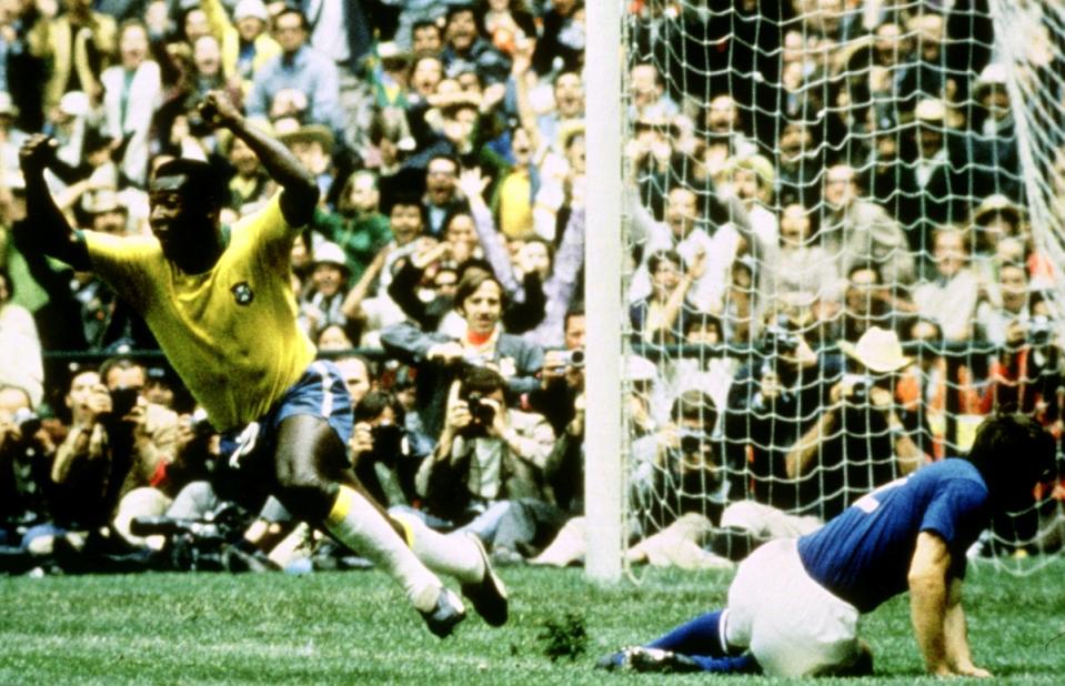 Brazil v Italy - Estadio Azteca, Mexico City: Pele celebrates after scoring the opening goal of the 1970 World Cup final. (Action Images / Sporting Picture)