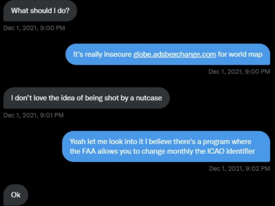 Direct message exchange between Elon Musk and Jack Sweeney.