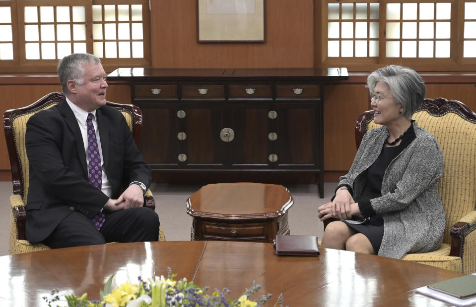 U.S. Special Representative for North Korea Stephen Biegun, left, talks with South Korea's Foreign Minister Kang Kyung-wha during their meeting at the foreign ministry in Seoul Friday, May 10, 2019. (Jung Yeon-je/Pool Photo via AP)