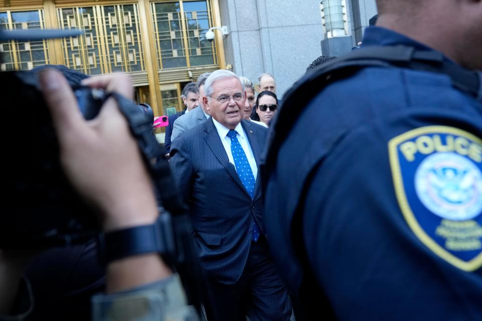 Senator Bob Menendez is shown outside U.S. District Court, on Pearl Street in the Southern District of New York, after he plead not guilty during an arraignment to, one count of conspiracy to commit bribery, one count of conspiracy to commit honest services fraud, and one count of conspiracy to commit extortion under color of official right, Wednesday, September 27, 2023.