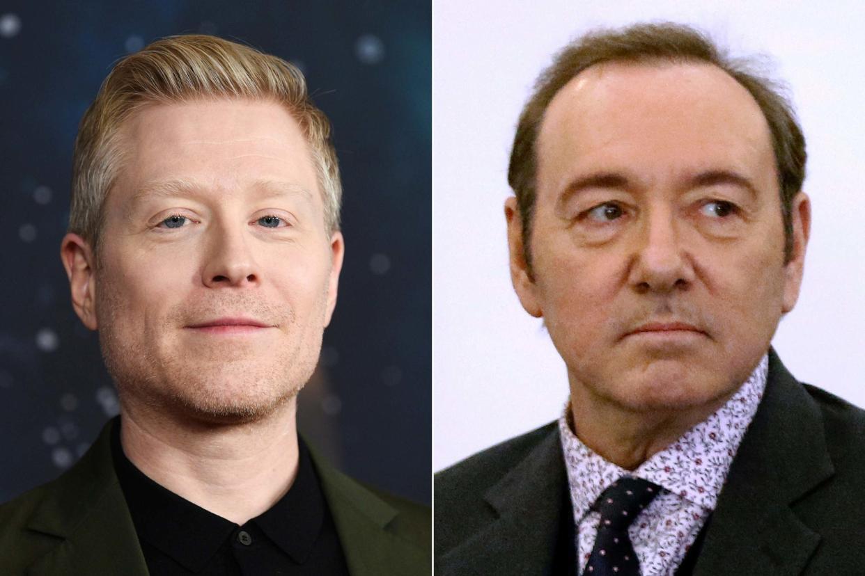 Actor Anthony Rapp attends the "Star Trek: Discovery" season two premiere in New York on Jan. 17, 2019, left, and actor Kevin Spacey is seen during his arraignment on a charge of indecent assault and battery in Nantucket: AP