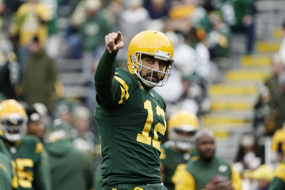 Green Bay Packers quarterback Aaron Rodgers warms up during pregame of an NFL football game against the New York Jets, Sunday, Oct. 16, 2022, in Green Bay, Wis. (AP Photo/Morry Gash)