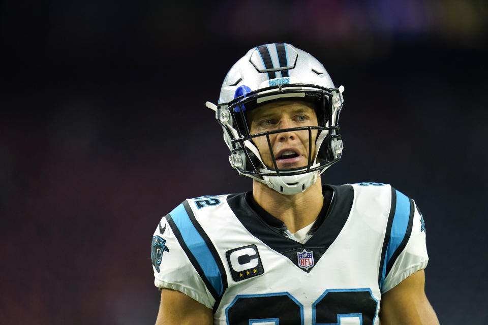 Carolina Panthers running back Christian McCaffrey (22) is seen during pregame warmups before an NFL football game against the Houston Texans, Thursday, Sept. 23, 2021, in Houston. (AP Photo/Matt Patterson)