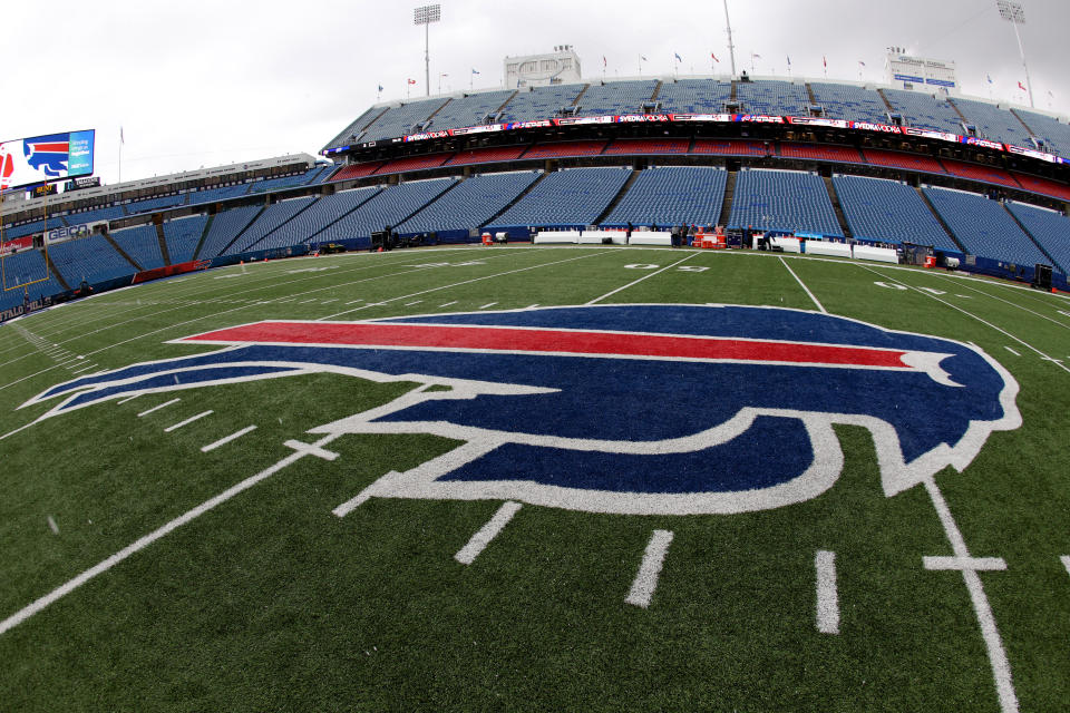 ORCHARD PARK, NY - NOVEMBER 13: A general view of the Buffalo Bills logo on the field at Highmark Stadium before a game against the Minnesota Vikings on November 13, 2022 in Orchard Park, New York. (Photo by Timothy T Ludwig/Getty Images)