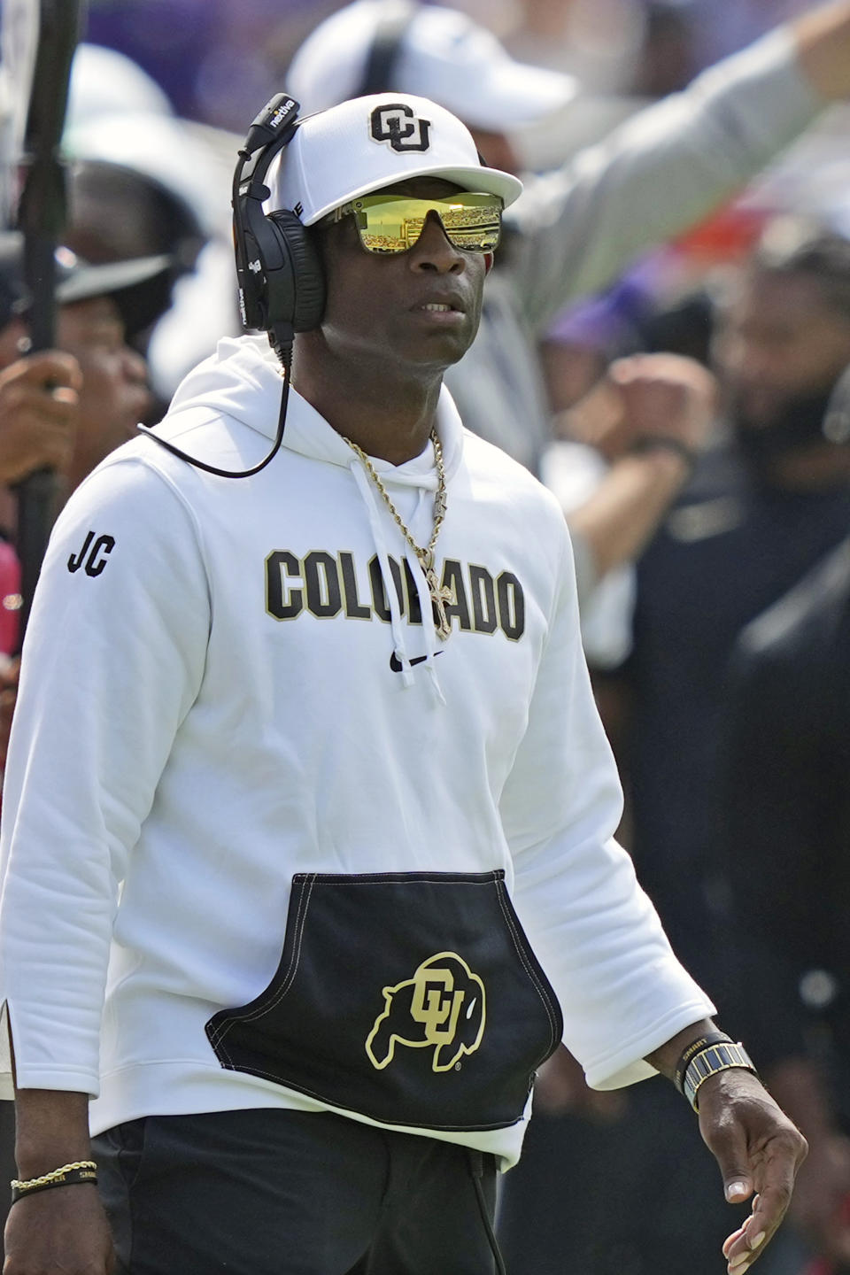 Colorado head coach Deion Sanders looks on from the sidelines during the first quarter of an NCAA college football game agains TCU Saturday, Sept. 2, 2023, in Fort Worth, Texas. (AP Photo/LM Otero)