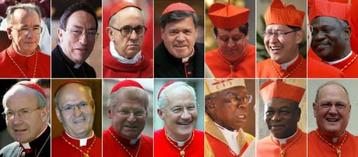 Arriba,izq-dch: Claudio Hummes (Brasil),Óscar Andrés Rodrigues (Honduras),Jorge Mario Bergoglio (Argentina),Norberto Rivera (México),Joao Braz de Aviz (Brasil),Luis Antonio Tagle (Filipinas) y Peter Turkson (Nigeria). Abajo,izq-dch:Cristoph Schonborn (Austria),Peter Erdoe (Hungría),Angelo Scola (Italia),Marc Ouellet (Canadá),Francis Arinze y John Onaiyekan (Nigeria) y Timothy Dolan (EEUU). (AFP | )