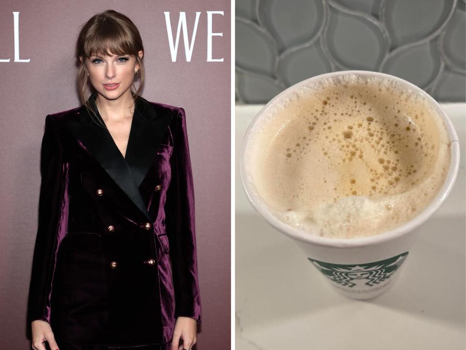Taylor Swift on the red carpet; a Starbucks caramel latte.