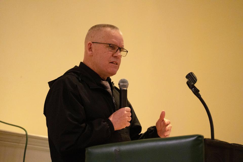 River Dell football coach DJ Nimphius speaks during the 2023 Bergen County Coaches Association/Bergen County Women Coaches Association Symposium at The Brick House in Wyckoff on Wednesday, March 8, 2023. 