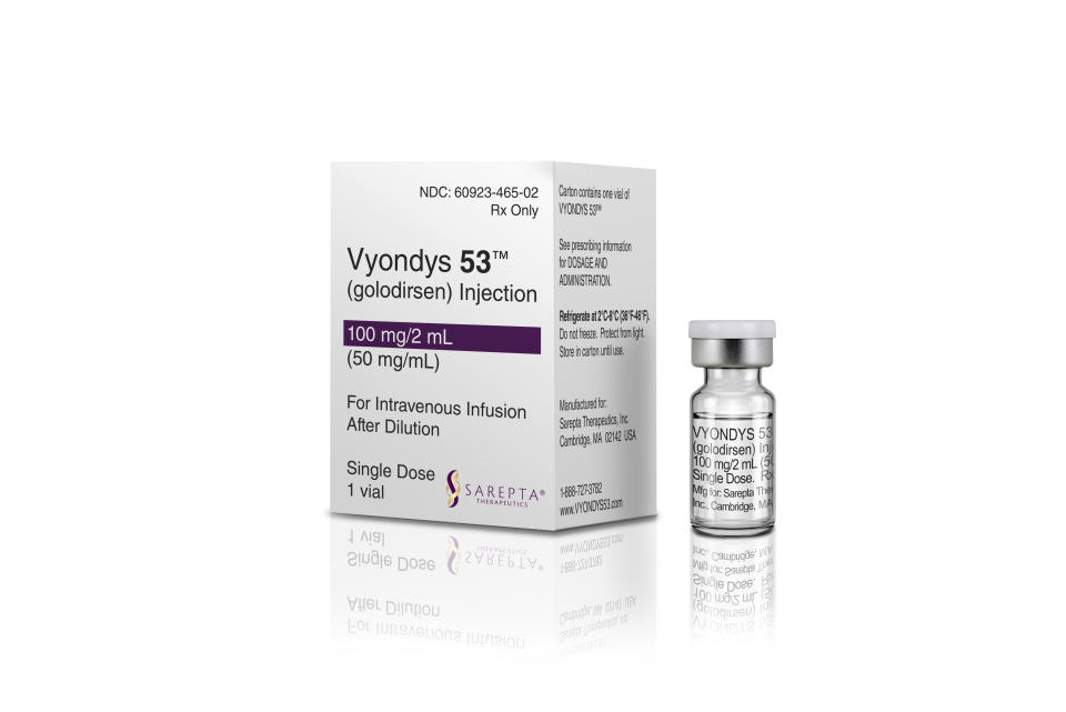 This image provided by Sarepta Therapeutics in December 2019 shows a box and vial of their drug Vyondys 53. On Thursday, Dec. 12, 2019, U.S. health regulators said they approved this second drug for a debilitating form of muscular dystrophy, a surprise decision after the medication was rejected for safety concerns just four months earlier. (Sarepta Therapeutics via AP)