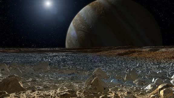 Based on new evidence from Jupiter's moon Europa, astronomers hypothesize that chloride salts bubble up from the icy moon's global liquid ocean and reach the frozen surface where they are bombarded with sulfur from volcanoes on Jupiter's moon I