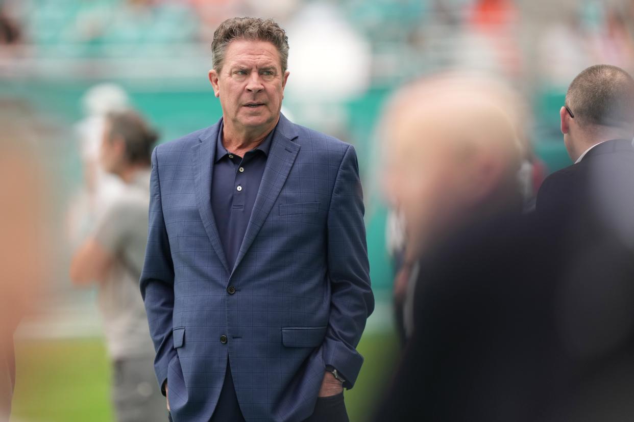 Miami Dolphins legend and NFL Hall of Fame member Dan Marino walks the sidelines before the game against the New York Jets at Hard Rock Stadium in Miami Gardens, Dec. 17, 2023.