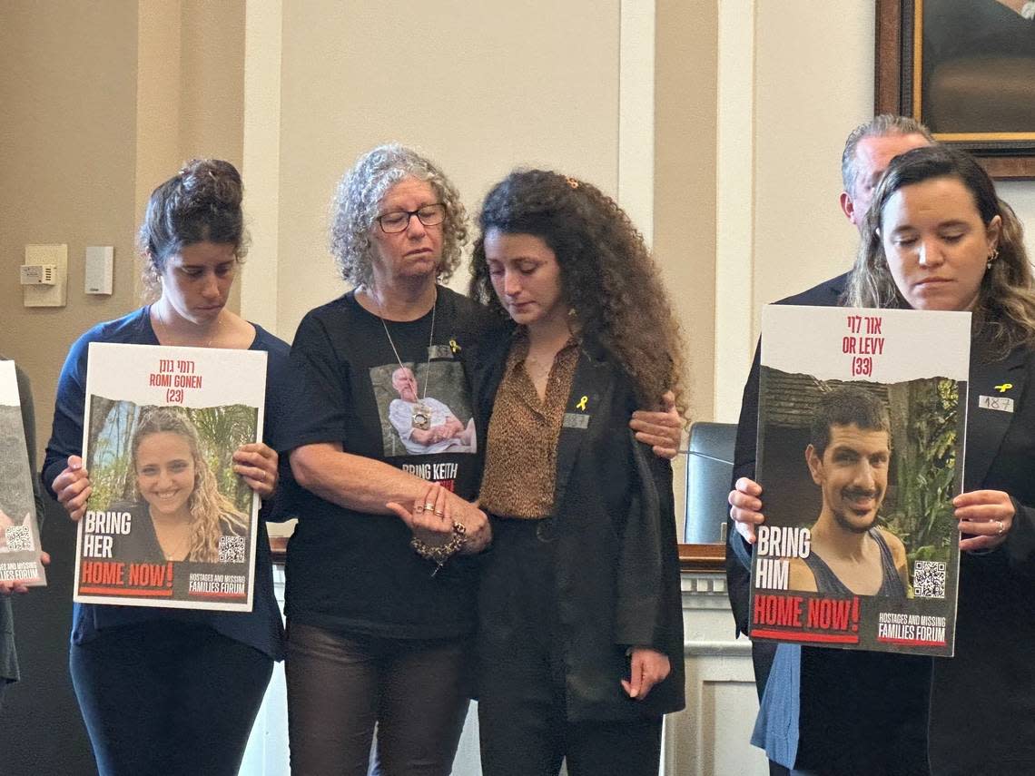 Aviva Siegel (Left) and Yarden Gonen embrace at the U.S. Capitol after speaking about the horrors their families have lived through since Siegel and her husband, Keith, and Gonen’s sister Romi, were captured, on Oct. 7, 2023, by Hamas. Danielle Battaglia/Danielle Battaglia