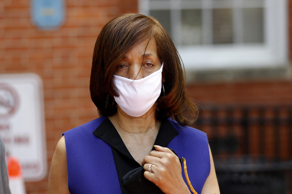 Former Baltimore Mayor Catherine Pugh leaves the Anne Arundel County Circuit Court in Annapolis, Md., after pleading guilty to a state perjury charge Friday, June 19, 2020, for failing to disclose a business interest relating to her “Healthy Holly” children’s books on her financial disclosure forms when she was a state senator. Pugh, a 70-year-old Democrat, already has been sentenced to three years in federal prison for netting hundreds of thousands of dollars in the self-dealing scandal over the books that touted exercise and nutrition. (AP Photo/Julio Cortez)