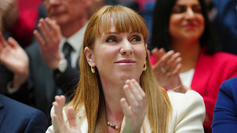 UK's Angela Rayner Deputy Leader of the Labour Party applauds at the launch of The Labour party's 2024 general election manifesto in Manchester, England, June 13, 2024.