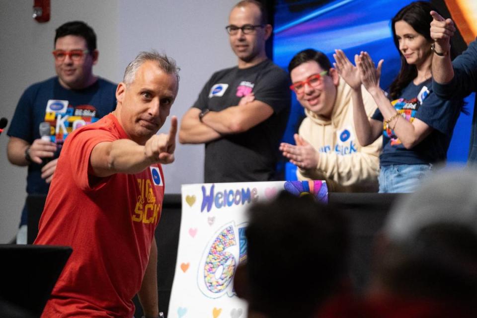 Joe Gatto celebrates a correct answer during a round of Friendly Feud at the Big Slick Press Conference on Friday, May 31, 2024, at Children’s Mercy Research Institute.