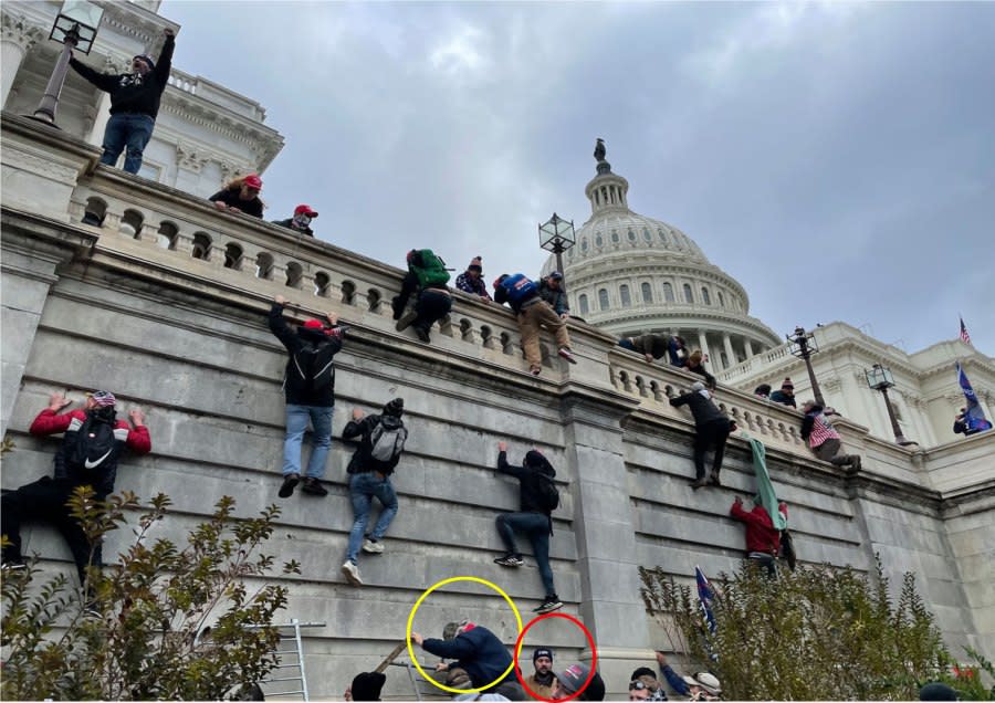 FBI investigation photos of Daniel Hatcher (circled in yellow) from the Jan. 6, 2021, riot at the U.S. Capitol.