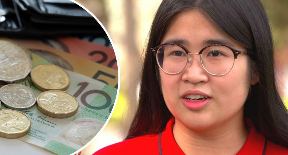 Aussie money next to Coles worker Gabbi