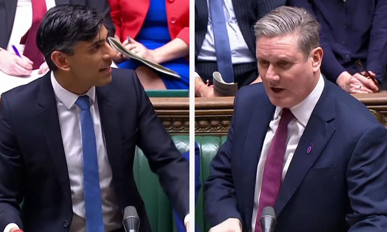 <span>Sunak and Starmer clashing at PMQs on Wednesday: ‘I have changed my party: he is bullied by his,’ the Labour leaded gibed.</span><span>Photograph: Parliament TV</span>