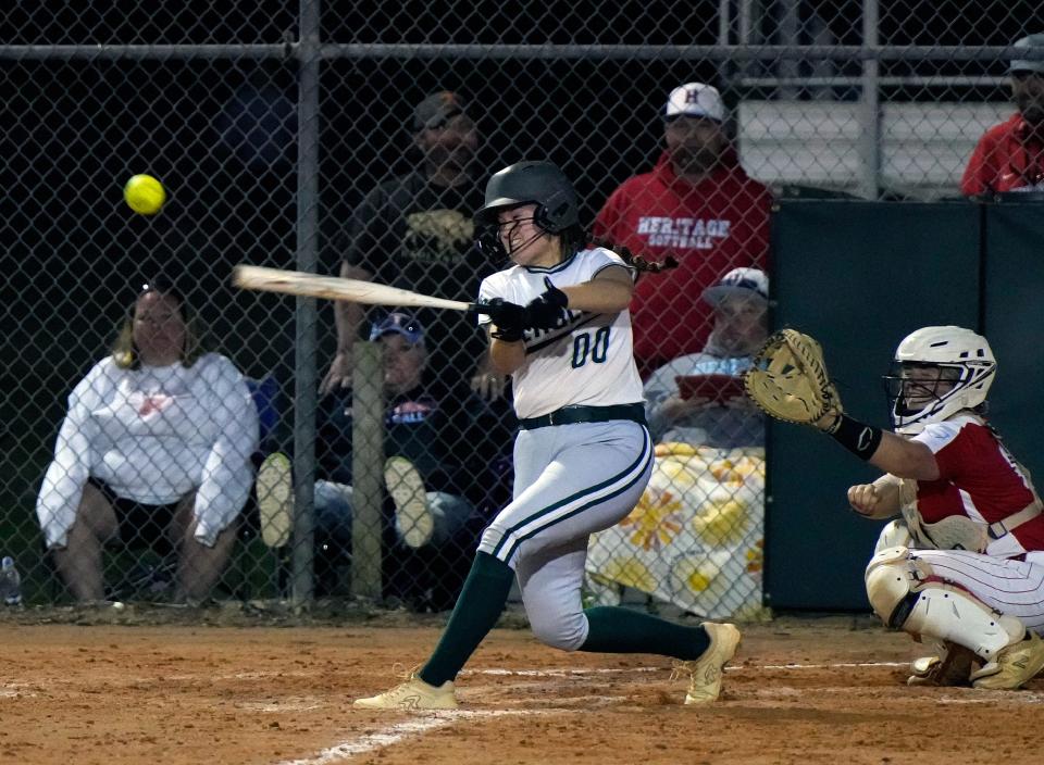Flagler Palm Coast's Sadie Schell at bat during during a game with Tennessee Heritage, Thursday, March 16, 2023 