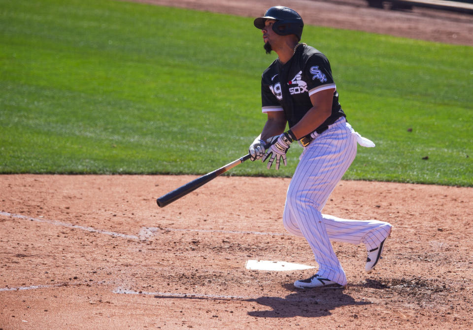 GLENDALE, AZ - MARCH 02:  Jose Abreu #79 of the Chicago White Sox bats during a spring training game against the Texas Rangers at Camelback Ranch on March 2, 2021 in Glendale, Arizona. (Photo by Rob Tringali/Getty Images)