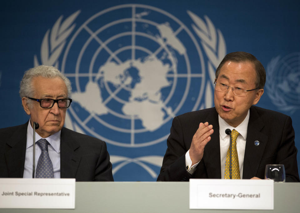 U.N. Special Representative Lakhdar Brahimi, left, and U.N. Secretary-General Ban Ki-moon at a joint press conference during the Syrian peace talks in Montreux, Switzerland, Wednesday, Jan. 22, 2014. U.N. Secretary-General Ban Ki-moon opened the meeting saying that the peace talks will face "formidable" challenges for Syria. Ban called on the Syrian government and the opposition trying to overthrow it to negotiate in good faith. (AP Photo/Anja Niedringhaus)