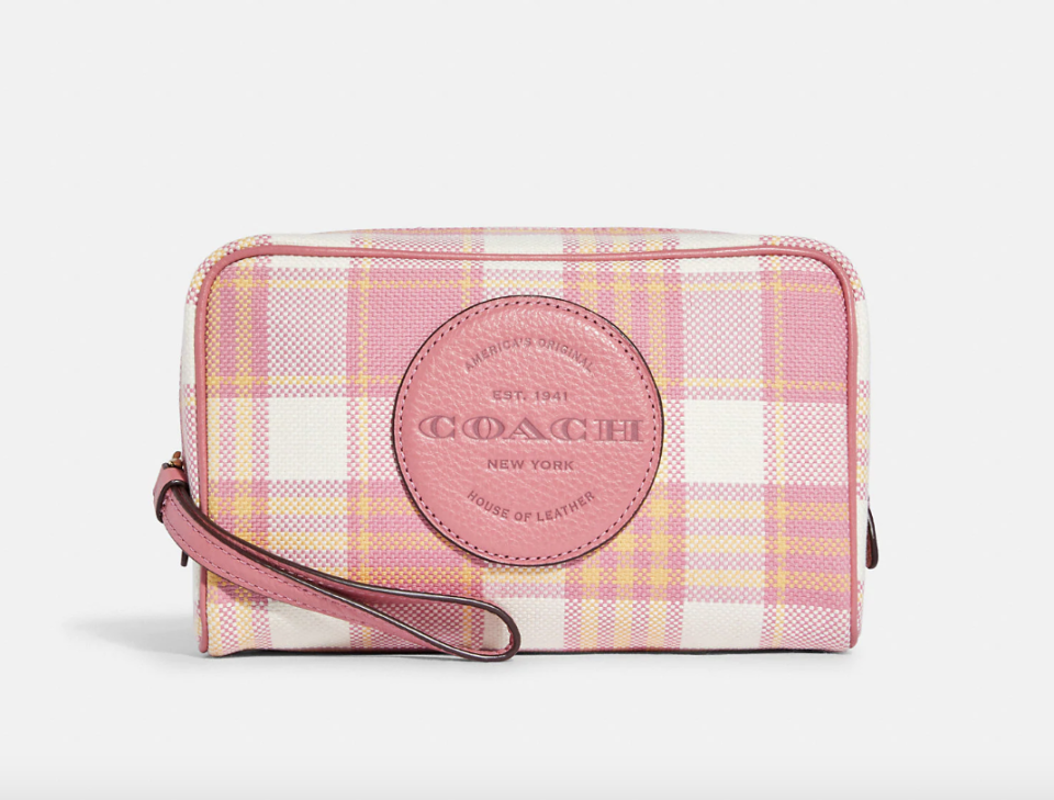 Coach Outlet Dempsey Boxy Cosmetic Case 20 With Garden Plaid Print And Coach Patch (Photo via Coach Outlet)