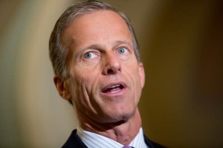 Sen. John Thune (R-SD) speaks to Capitol Hill reporters following the Republicans' weekly policy luncheon in Washington